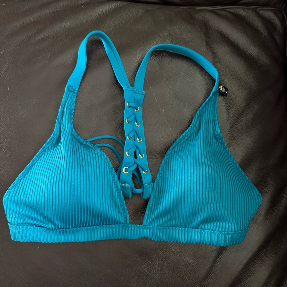 Victoria’s Secret PINK Bikini Top Ribbed Lace Up Racerback Triangle Teal Large
